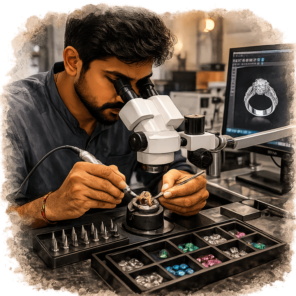 Jewellery artisan crafting and inspecting a ring